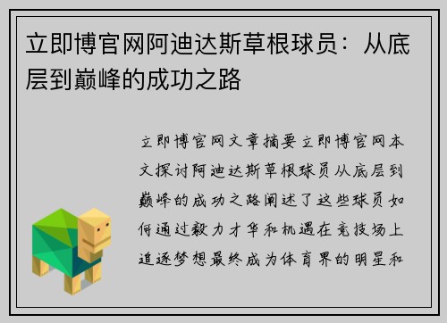 立即博官网阿迪达斯草根球员：从底层到巅峰的成功之路