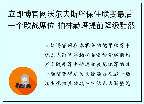 立即博官网沃尔夫斯堡保住联赛最后一个欧战席位!柏林赫塔提前降级黯然退场 - 副本